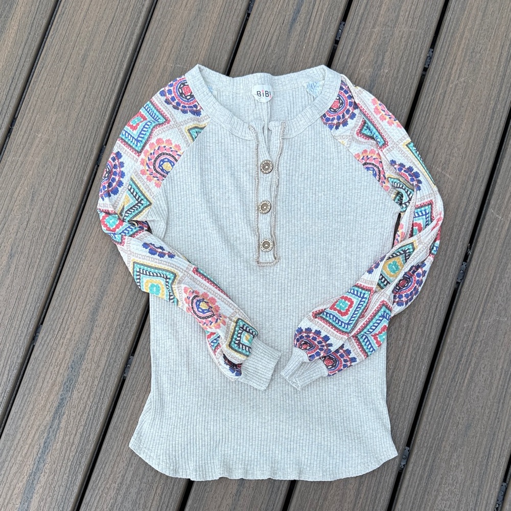 BiBi Kids Long Sleeve Shirt with Colorful Patterned Sleeves